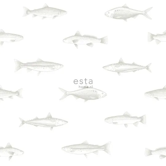Estahome Federzeichnung Fische Tapete - 0,53 x 10,05 m - Weiß / Silber