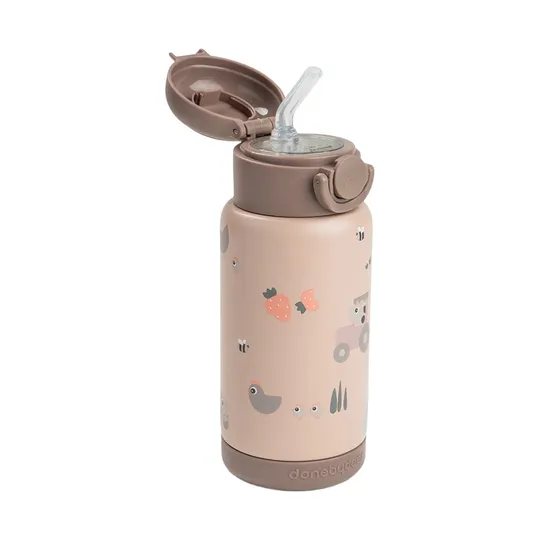 Done By Deer Thermos-Trinkflasche mit Strohhalm – 340 ml – Tiny Farm – Powder