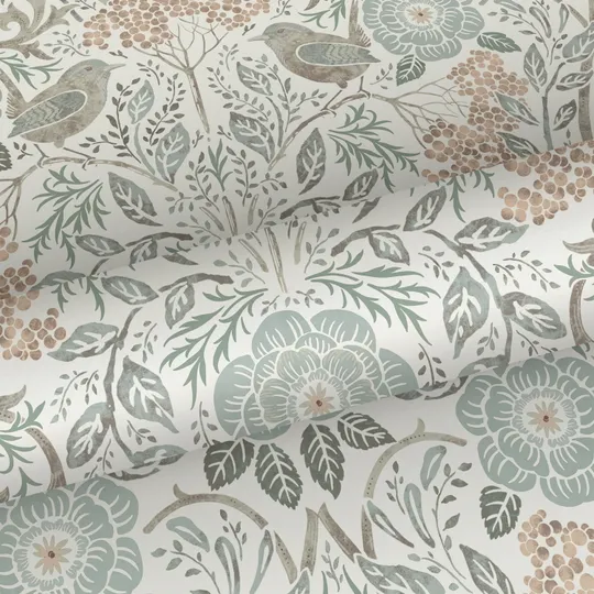Estahome Tapete mit Blumen und Vögeln – Jugendstil – 0,53 x 10,05 m – Graugrün/Braun/Pfirsichrosa