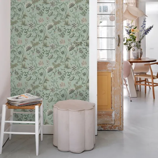 Estahome Vintage Blumen Tapete I - 0,53 x 10,05 m - Celadon Grün
