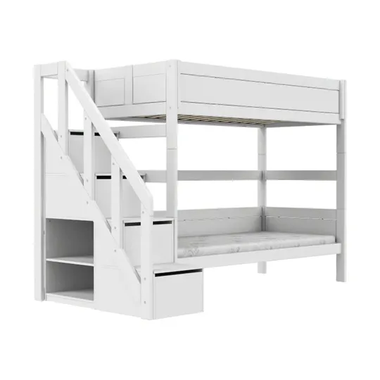 LIFETIME Kidsrooms Etagenbett mit Treppenschrank – 90 x 200 cm – Premium-Lattenrost - Weiß