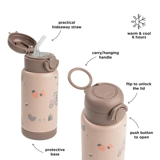 Done By Deer Thermos-Trinkflasche mit Strohhalm – 340 ml – Tiny Farm – Powder