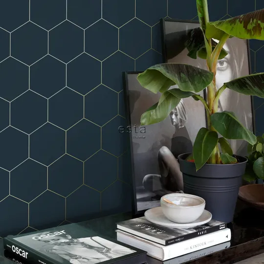 Estahome Hexagon Tapete - 0,53 x 10,05 m - Dunkelblau / Gold