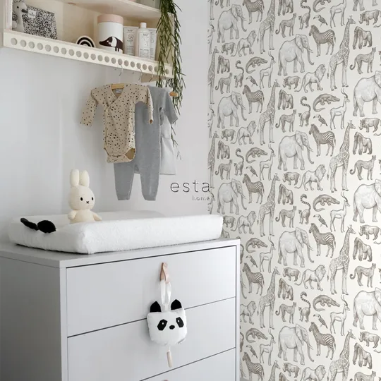 Estahome Jungle Tiere Tapete - 0,53 x 10,05 m - Off White