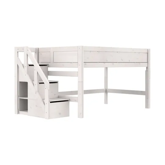 Life Time Deluxe Halbhochbett - White Wash - 120 cm - Mit Treppenschrank