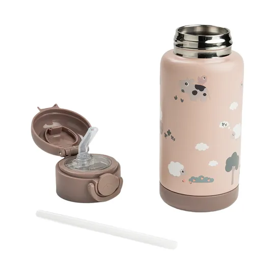 Done By Deer Thermos-Trinkflasche mit Strohhalm – 340 ml – Tiny Farm – Powder