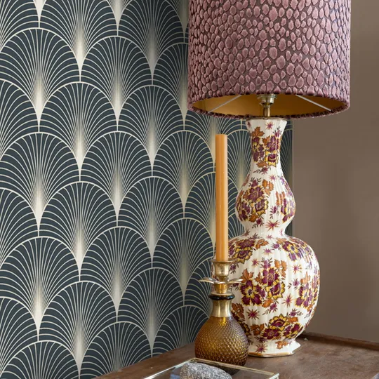 Estahome Art Deco Motivtapete II – 0,53 x 10,05 m – Dunkelblau/Gold
