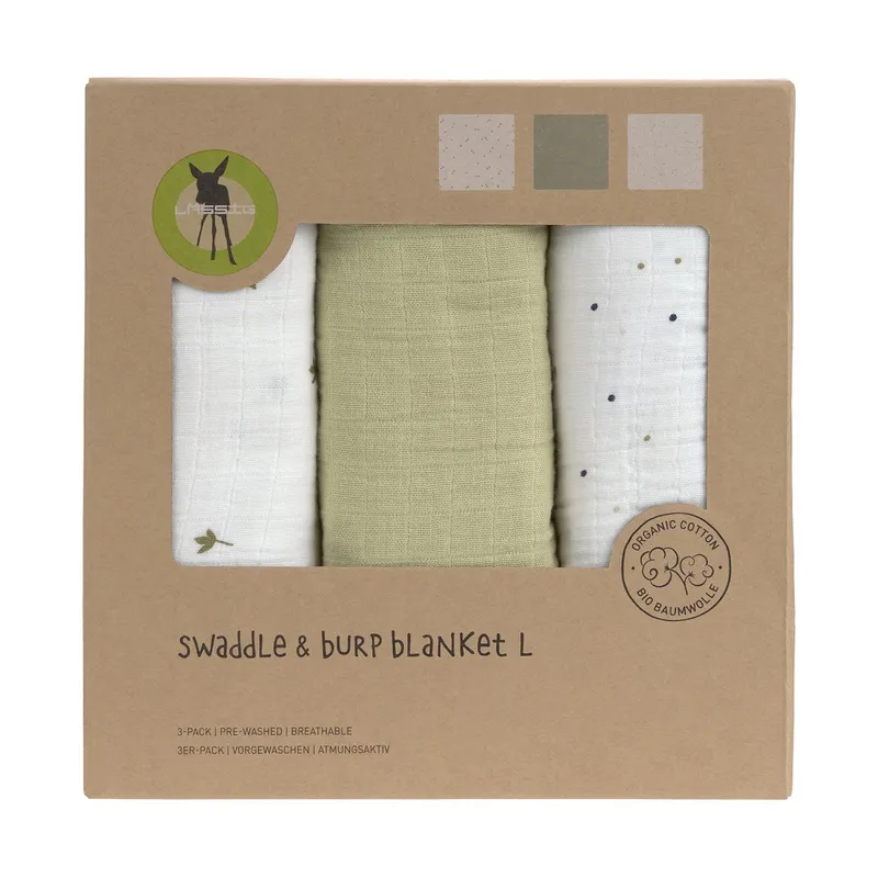 Lässig Swaddle & Burp L Multituch - GOTS - 3 Stück - 85 x 85 cm - Leave Olive