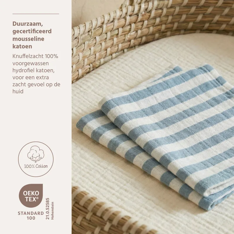 Meyco Baby Fat Stripe Waschlappen - 2 Stück - Pre-washed Musselin - Jeans Blue