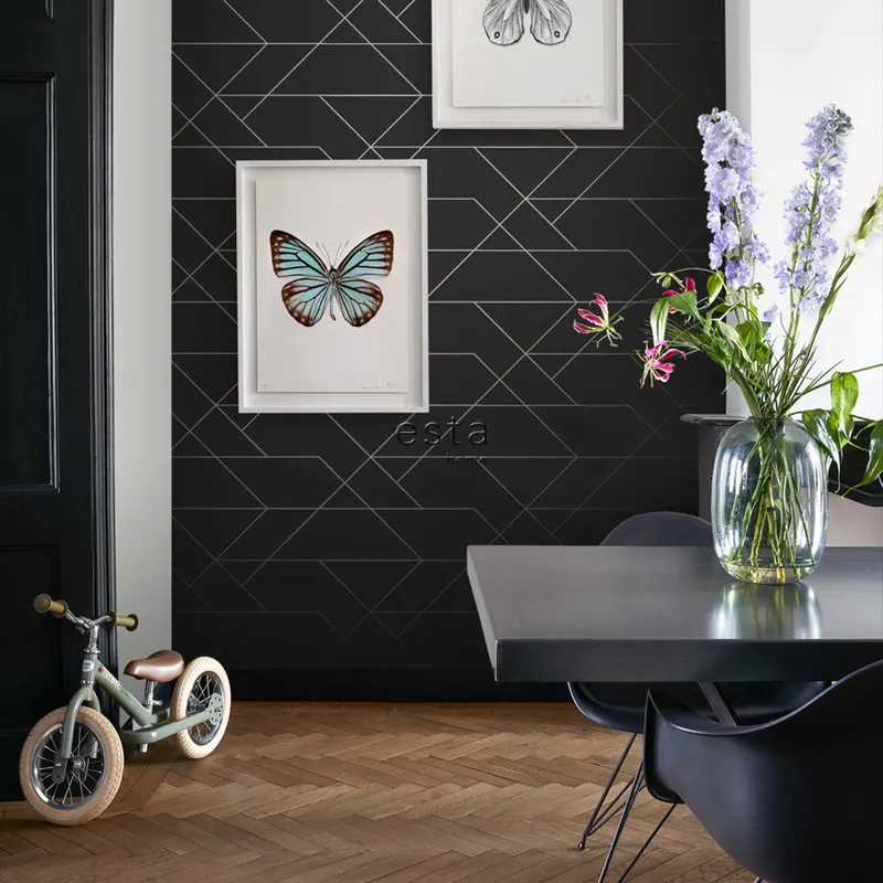 Estahome Grafische Linien II - 0,53 x 10,05 m - Schwarz / Gold