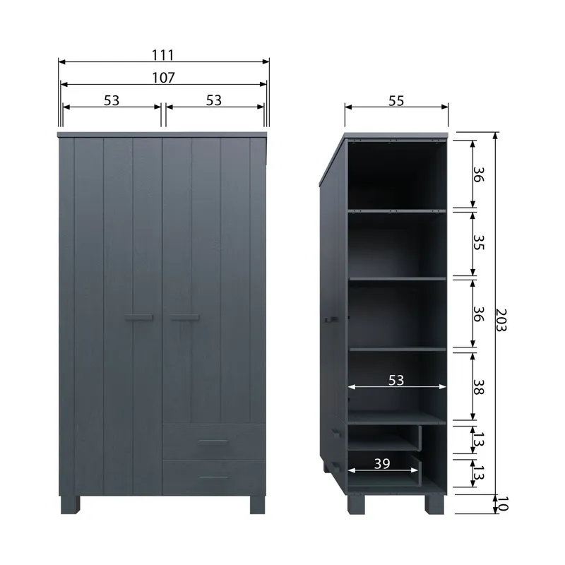 Woood Dennis Kleiderschrank + Schubladen Steel Grey 2-türig