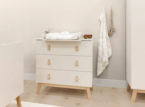 Bopita Babyzimmer Lines - Dune / Nature | Babybett 60 x 120 cm + Kommode + 2-türiger Kleiderschrank