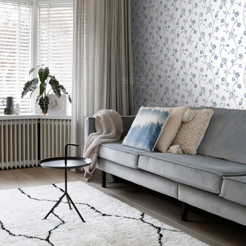 Estahome Toile De Jouy Rosen Tapete – 0,53 x 10,05 m – Weiß / Blau