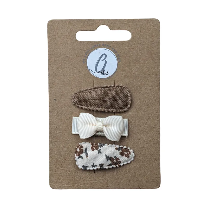 Ootje Kadootje Baby-Haarspangen – Braun / Mini-Ripsband / Print – 3 Stück