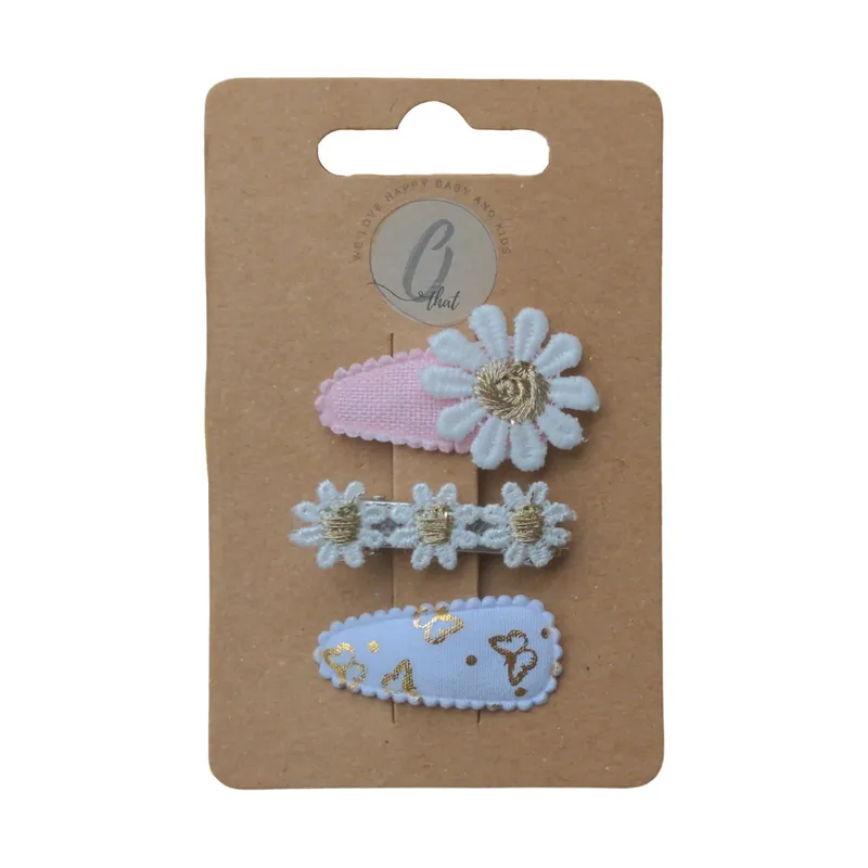 Ootje Kadootje Leinen-Haarspange – Gänseblümchen weiß/Schmetterling mit goldenem Akzent – 3 Stück