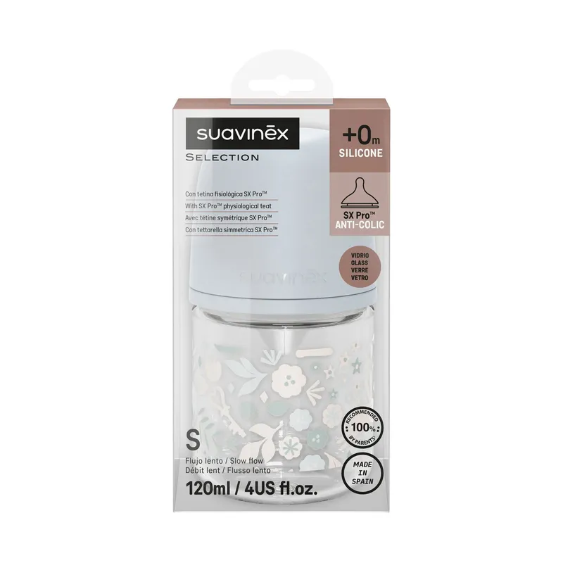 Suavinex Babyflasche Glas - SX Pro - Wonderland - Slow Flow - 120ml - Blau