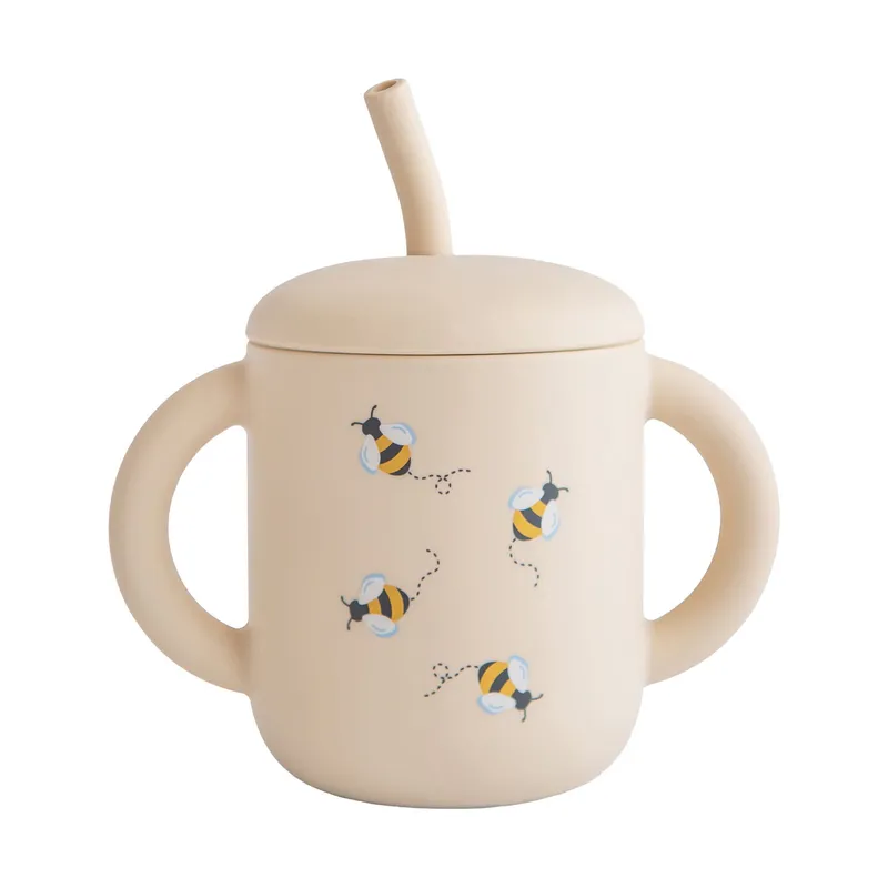 MUSHIE Silikon Trinklernbecher mit Strohalm - Bees - 175 ml