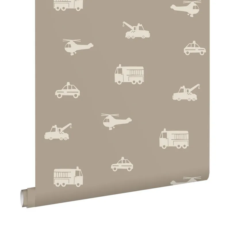 Esta Home Pom Pom Pie Tapete – Autos/Feuerwehrautos/Helikopter/Kräne – Taupe– 53 cm