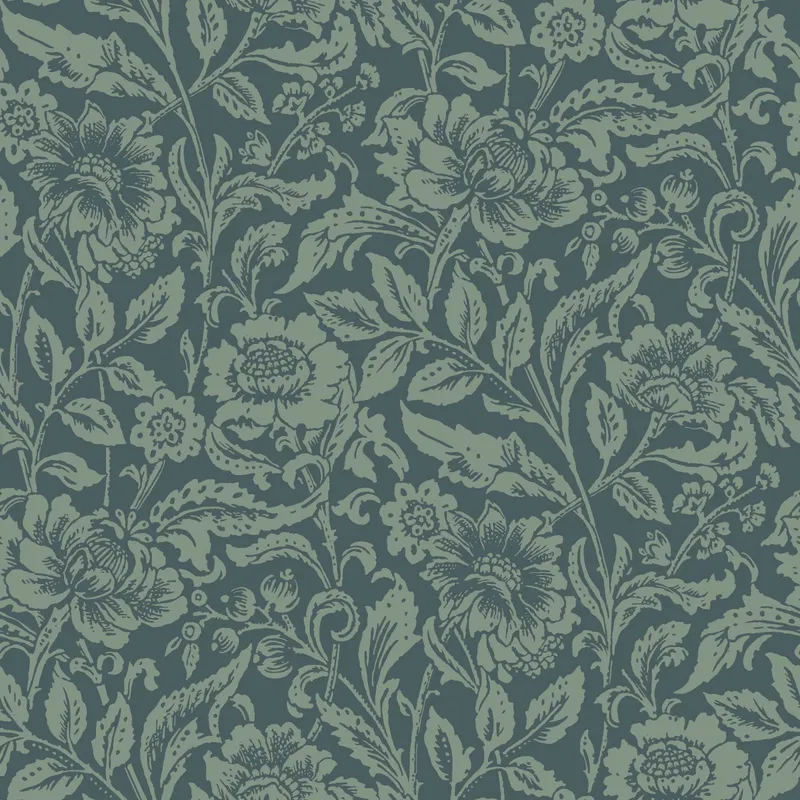 Estahome Vintage Blumen Tapete IV - 0,53 x 10,05 m - Dunkelblau / Graues Grün