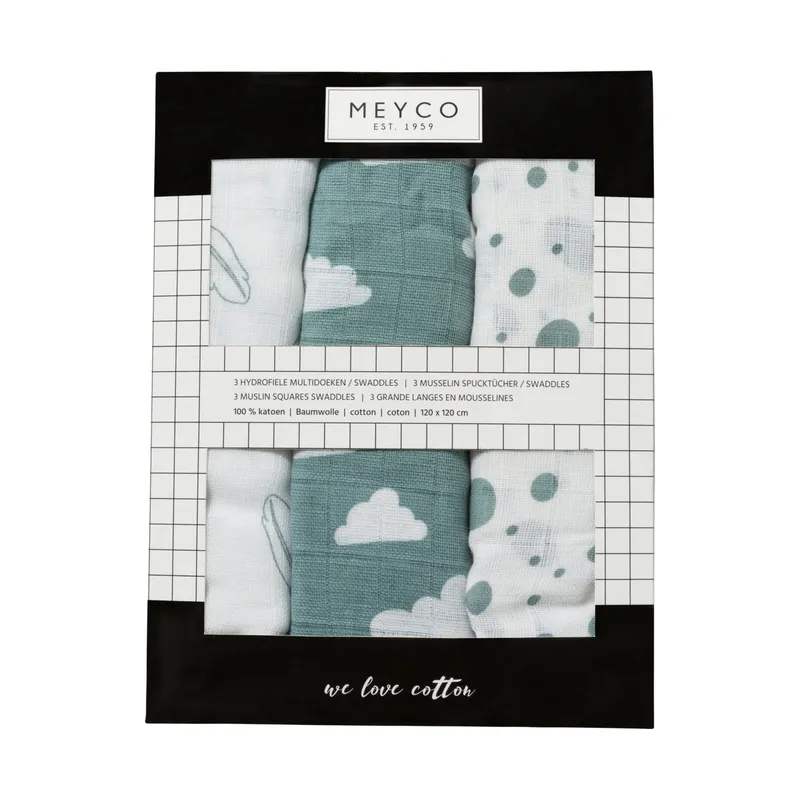 Meyco Feather Swaddle, Jade / Weiß, 3 Stück
