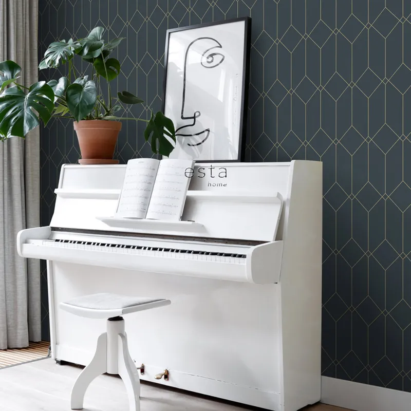 Estahome Art Deco Motivtapete I – 0,53 x 10,05 m – Dunkelblau / Gold