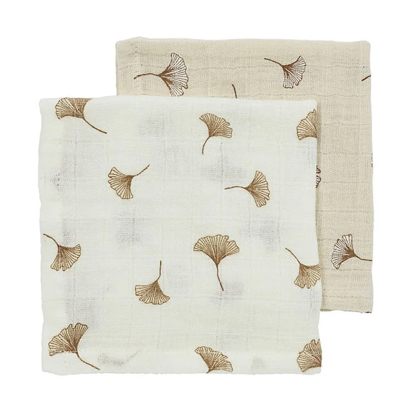 Meyco Baby Gingko Mundtücher- 2 Stück - 30 x 30 cm - Pre-Washed Hydrophil - Offwhite/Soft Sand