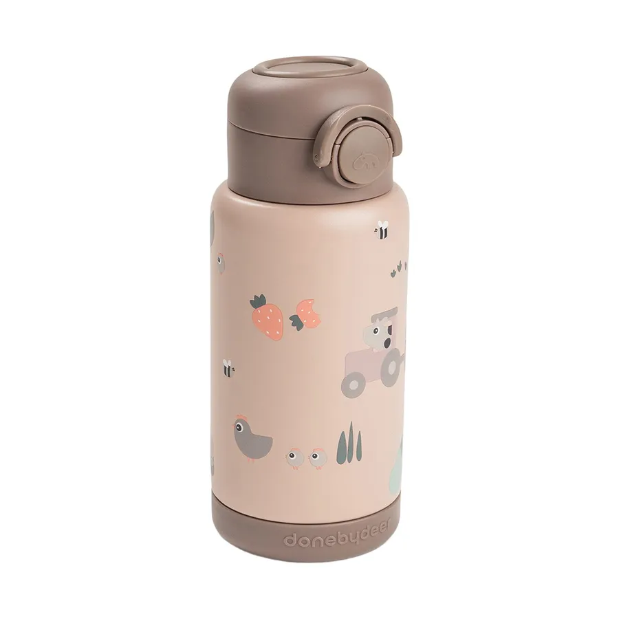 Done By Deer Thermos-Trinkflasche mit Strohhalm – 340 ml – Tiny Farm – Powder