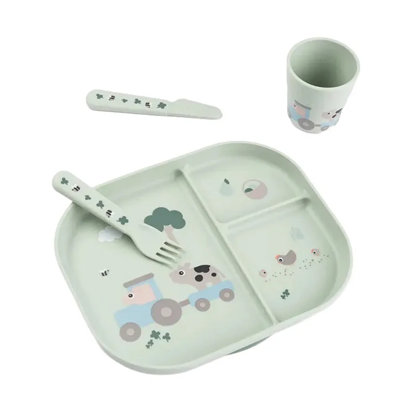 Done by Deer Foodie Geschirrset mit Saugnapf – Tiny Farm – Grün
