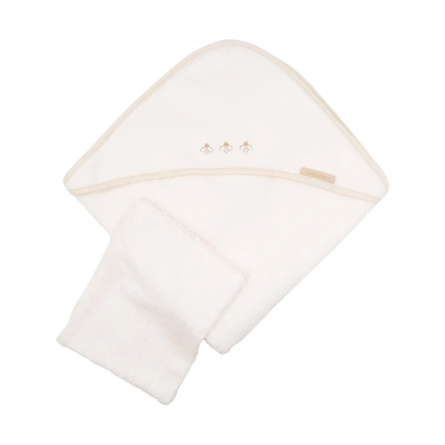 Bamboom Duo Bees Badecape + Waschlappen – 75x75 cm – Off White