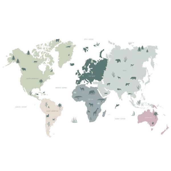 Estahome Weltkarte für Kinder Fototapete - 2 x 2,79 m - Mintgrün / Grau / Rosa