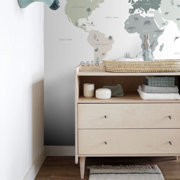 Estahome Weltkarte für Kinder Fototapete - 2 x 2,79 m - Mintgrün / Grau / Rosa