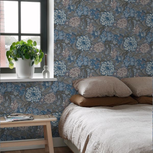 Estahome Vintage Blumen Tapete V – 0,53 x 10,05 m – Graues Blau / Warmes Grau